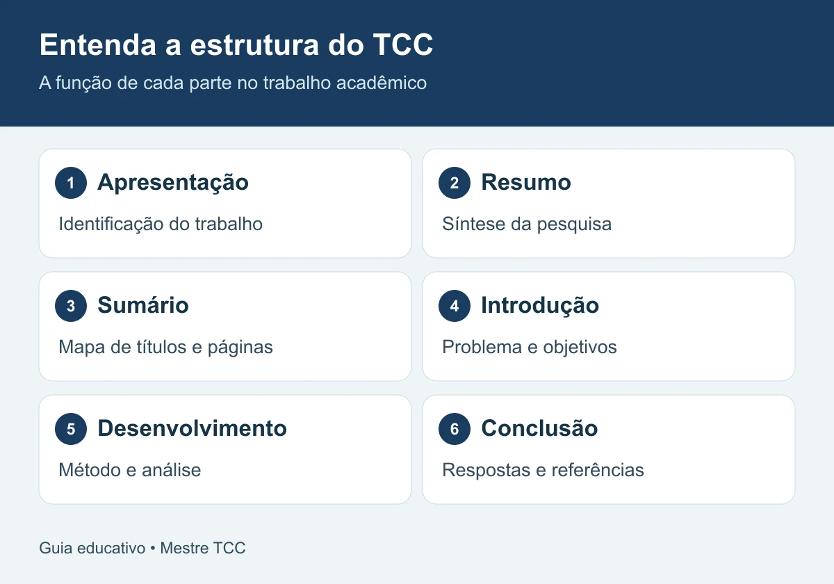 Entenda a estrutura do TCC: apresentação, resumo, sumário, introdução, desenvolvimento, conclusão.