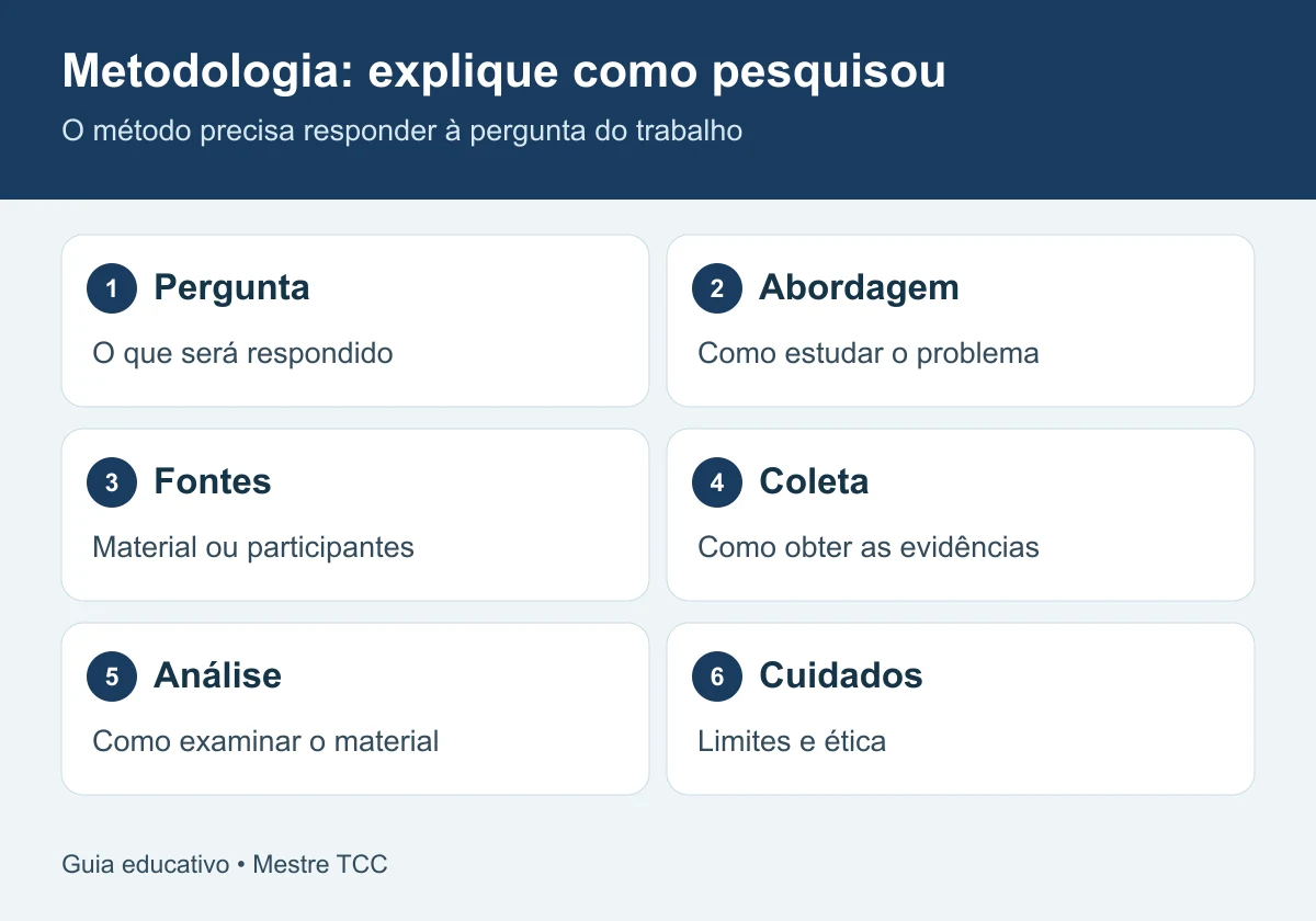 Metodologia: explique como pesquisou: pergunta, abordagem, fontes, coleta, análise, cuidados.